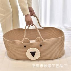New cotton rope woven baby portable bed basket folding portable cotton rope woven crib cotton rope baby blue