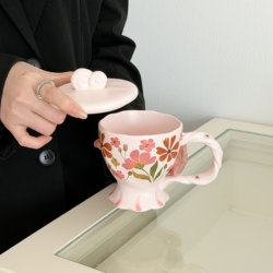 Girls' High-Looking Aesthetic Water Cup, Creative Floral Ceramic Mug with Lid, Household Breakfast Coffee Cup, Practical Souvenir