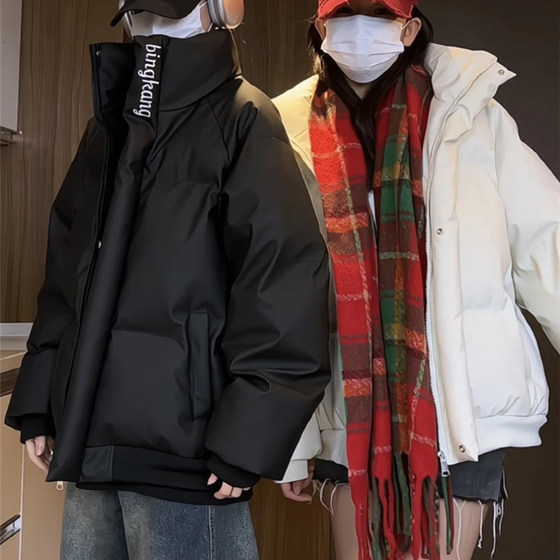 
Stand collar black PU leather cotton coat men's winter new warm thickened loose cotton coat couple American cotton jacket