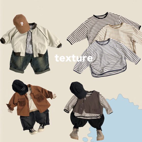 
Ju Ruonuo~Spring and Autumn Korean version children n striped long-sleeved cotton T-shirt Western style men and women loose elastic bottoming shirt Category A