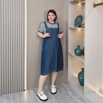 Summer new large size fake two denim stitching short -sleeved dress 200JIN [Jin is equal to 0.5 kg] loose, thin casual leisure back skirt
