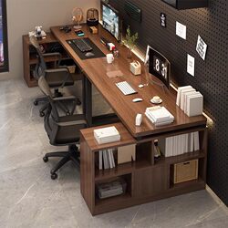 New Double-Person Computer Desk, Desktop Gaming Desk, L-Shaped Desk with Bookshelf, Integrated Desk, Side-By-Side Home Office Desk, Corner Desk