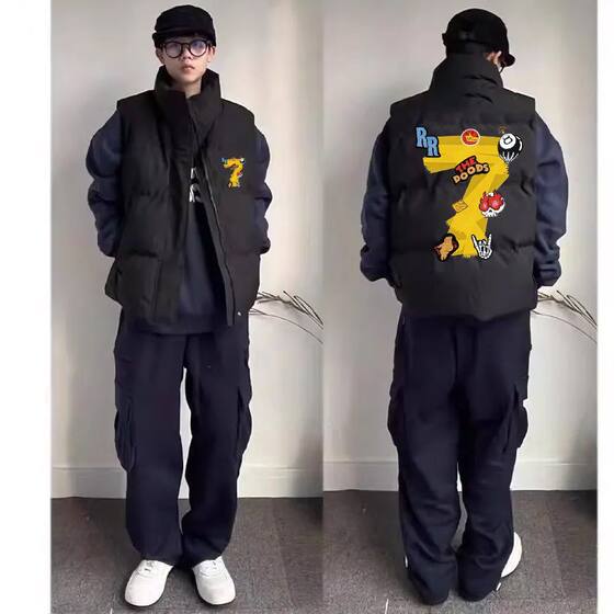 
Autumn and winter thickened trendy brand American retro printed vests versatile loose loose men's and women's vests cotton coats for couples