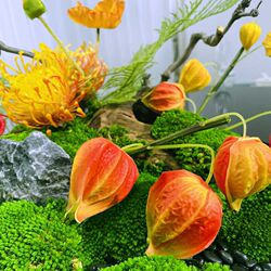 Large round table with flowers in the middle of the hotel turntable, decorative ornaments, box table flowers, moss micro landscape floral art