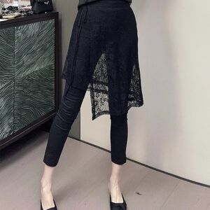 
Summer thin paper leather pants for women's elastic small feet, cropped pants, flesh covering, and slimming K-pair lace fake two-piece pants skirt pencil