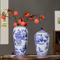 New Chinese style blue and white porcelain ceramic vase living room entrance TV cabinet ornaments storage jar