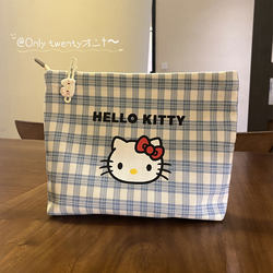 Hellokitty Cute Plaid Canvas Cosmetic Bag for Women, Versatile Hand-Held Zipper Small Bag, Travel Storage Toiletry Bag