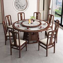 New Chinese style black gold solid wood inlaid rock plate dining table and chair combination light luxury home 10-person large round table dining table