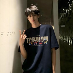 Navy Blue Pure Cotton Printed Short-Sleeve Men's Summer American High Street Heavyweight Regular Shoulder T-Shirt Trendy Brand Youth Half-Sleeve