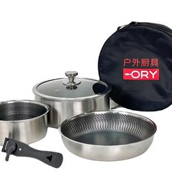 Outdoor stainless steel pot set portable picnic cookware kitchenware pots folded integrated storage travel equipment supplies