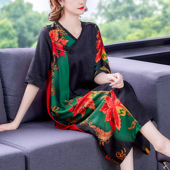 Add fat plus size women's clothing 2023 summer new dress, rich lady v-neck noble plus size women's dress