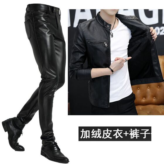 Cycling motorcycle takeaway men's leather pants suit men with velvet a set of warm motorcycle clothes