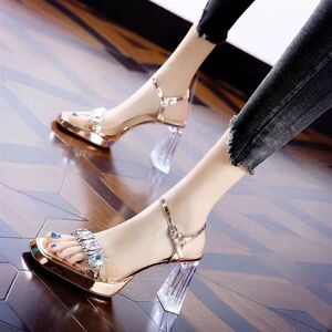 
Thick heel sandals for women in summer 2025 new open-toe waterproof platform rhinestone transparent fashion shoes one-strip high heels