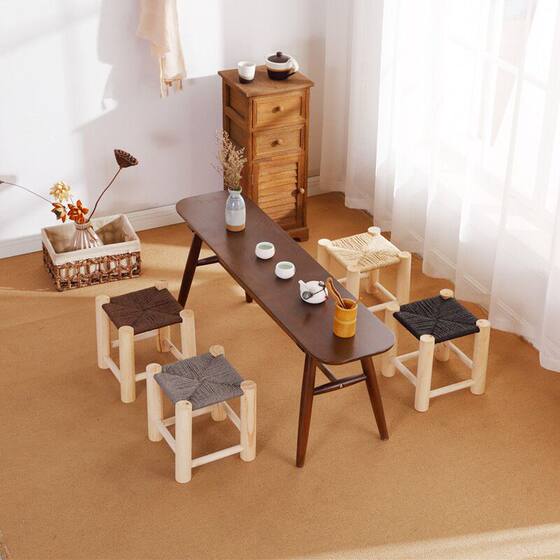 
Solid wood pine hand-woven stool chair imitation rattan rope household simple homestay European dressing tea table flower stand