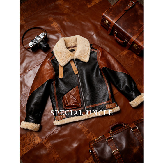 
Uncle Te B3 bomber genuine leather jacket fur one-piece flight suit wool fur collar retro leather jacket thickened winter men