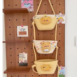 Cartoon Hanging Basket Wall Storage Basket for Dorm Room, Bedroom Wall Hanging, Cotton Thread Woven Wall Hanging, Behind Door