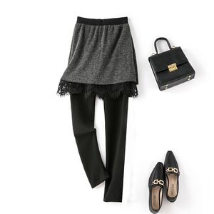 Lace fake two pieces of leggings female autumn and winter plus velvet all -in -one skirt skirt skirt, black pants pencil pants

