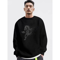 Trendy Chinese-Style Round-Neck Sweatshirt for Men, Limited Edition for the Year of the Horse, Versatile Loose Casual Printed Long-Sleeve Black Casual Top