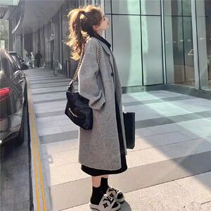 2024 autumn and winter new gray double -breasted woolen woolen women's middle length Korean version of loose little men's woolen outer