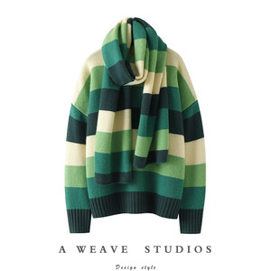 
Qi Chao Velvet + Green Striped Round Neck Profile Thick Knit Cashmere Sweater Women's Sweater Scarf Two-piece Set 2024 Autumn and Winter