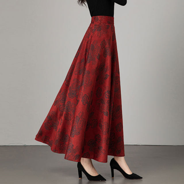 Women's autumn and winter 2025 new retro red printed A-line long skirt high waist large size draped dance skirt