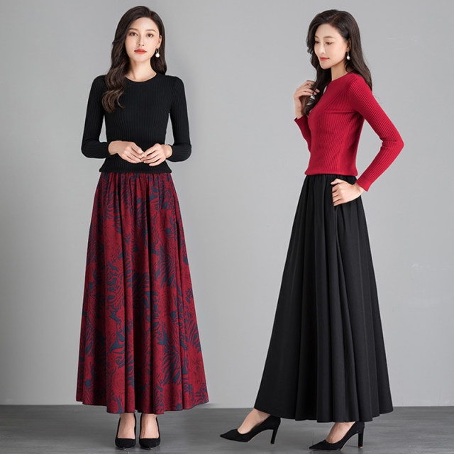 2025 autumn and winter new high-waisted A-line long skirt for women with women's printed versatile middle-aged large-size dance skirt big umbrella skirt
