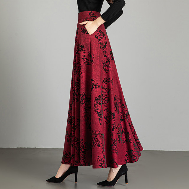 Spring and Autumn new printed temperament high-waisted A-line skirt for women mid-length large-size skirt versatile dancing long skirt