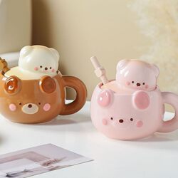 Cute Bear Ceramic Mug Birthday Gift for Girls Souvenir Office Student Dormitory Straw Water Cup