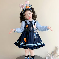 Girls' Spring Outfit Set with Rabbit Police Officer Design, Children's Shirt Dress, 2026 New Stylish Academy Style Baby Dress Trendy