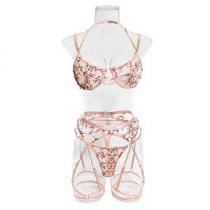 
European and American style INS foreign trade cute pink embroidery girl flower perspective sexy chain hollow bra three-piece set