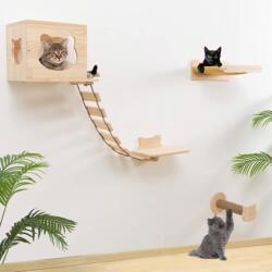Creative Wooden Cat Climbing Frame, Home Wall-Mounted Cat Nest, Wall-Mounted Combination Wooden Suspension Bridge, Soft Ladder, Cat Climbing Toy