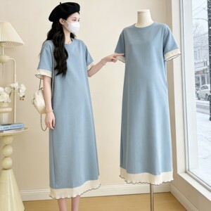 
2026 new summer clothes, plus size plus size maternity clothes, covering the belly without showing pregnancy, long pure cotton short-sleeved pregnancy dress