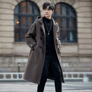 
Woolen coat men's mid-length autumn and winter horn button thickened woolen coat light mature style high-end hooded windbreaker