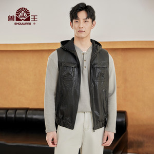 
Beast King 2025 new autumn style first layer cowhide leather vest men's leather jacket hooded short vest motorcycle
