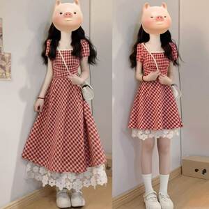 
Red Ge Qimeng Summer New French Sweet A-line Skirt Showing White Lace Patchwork Platycodon First Love Dress Fairy