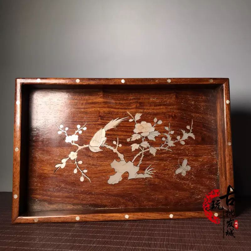 古玩精品收藏手工雕刻花梨木镶嵌贝壳茶盘装饰家居用品工艺品摆件-Taobao