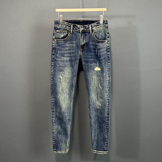 
Crispy Jeans Men's Stretch Slim Korean Style Old Cat Whisper Patch Retro Old Blue Trendy Small-Fit Pants