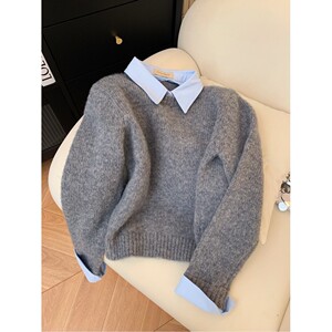 
Fake two-piece shirt collar sweater women's new autumn wear with lazy style contrast lapel gray top