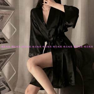 Women's nightgowns for spring and summer silk ice silk long-sleeved bathrobe nightgown solid color home clothes Korean version sexy loose
