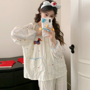 
Cotton gauze confinement clothes with breast pads, summer thin postpartum pure cotton, sweat-absorbent, large size maternity nursing pajamas for pregnant women