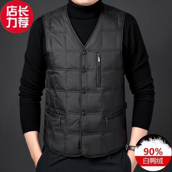 New men's down vest with multiple pockets for dad autumn and winter inner wear waistcoat V-neck vest middle-aged duck down vest