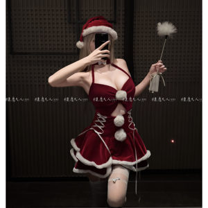 恶魔大人性感韩国绒红色吊带连衣裙COS圣诞装纯欲挂脖情趣制服女