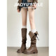 Genuine leather ~ Jiaoyu pleated pile boots two-wear foldable brown boots with thick heels and thick soles that are below the knee knight boots
