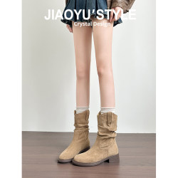 Genuine Leather~Jiaoyu Maillard Short Boots for Women 2025 New Retro Martin Boots with Chunky Heels, Slouchy Boots, Western Cowboy Boots