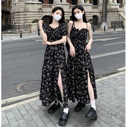 Plus Size Women's Clothing, New French Retro Short-Sleeved Camisole Floral Dress in Two Styles, Sister and Best Friend Outfits for Spring