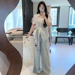 Plus Size Fat Girl Waist-Cinching Versatile Lace-Up Short-Sleeved Shirt for Women, Summer French Style Design Polo Collar Shirt Top