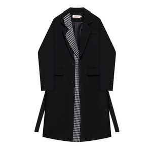 Autumn and winter splicing men and women loose temperament long trench coat Korean black and white grid single -breasted retro jacket coat
