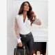 European and American Speed ​​Sales Spring and Autumn New White Fashion V -neck Switching Gargam Polid Point Long -sleeved T -shirt Bottom Broken Shirt