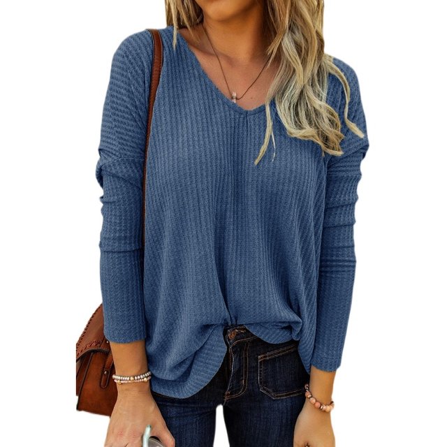 European and American style spring and autumn new V-neck blue loose pullover casual knitted long-sleeved T-shirt Women's T-shirt