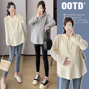 
Autumn new maternity wear Korean style casual tops large size loose hooded drawstring T-shirt zipper design top